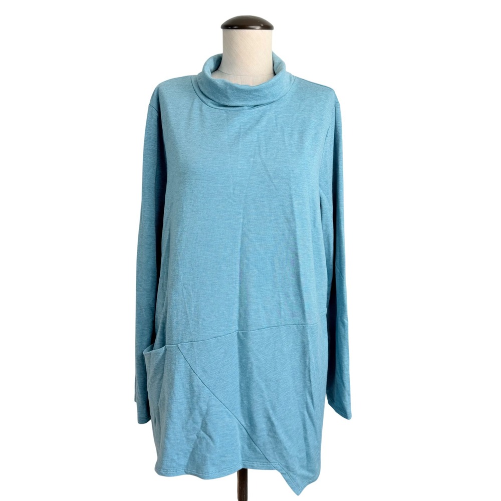 Pure Jill Luxe Tencel Blue Funnel Neck Asymmetric Hem Tunic Top Large L Pockets